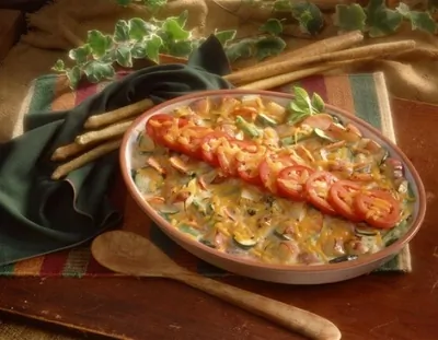 Запеканка с мясом, овощами и рисом