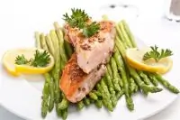 Лосось с жареной спаржей и лимонным соусом с каперсами