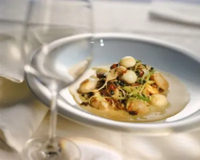 Гребешки на гриле с зеленым салатом и травами