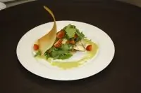 Камбала с картофелем, рукколой, помидорами черри и кремом из спаржи и пастернака