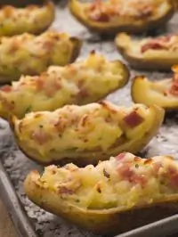 Печеные половинки картофеля с начинкой из сыра, ветчины и зеленого лука