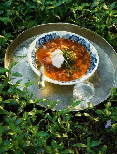 Щи из молодой капусты с побегами чеснока