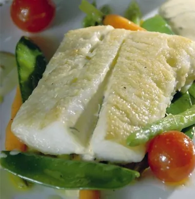 Палтус с мини овощами и соусом бер-блан