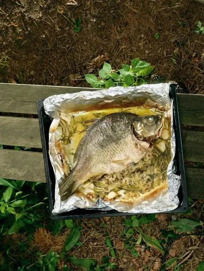 Карп с грибами, тархуном и соусом из розмарина