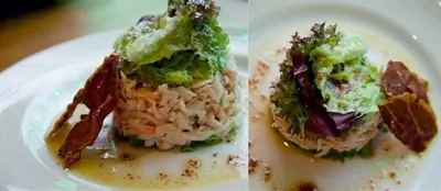 Салат из авокадо и крабового мяса под кедровым соусом с гренкой из хамона