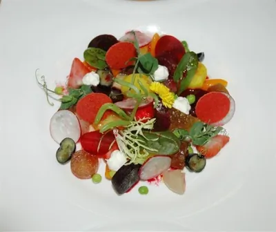 Винегрет с чипсами из томатов и ежевики