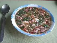 Окрошка на квасе с охотничьими колбасками