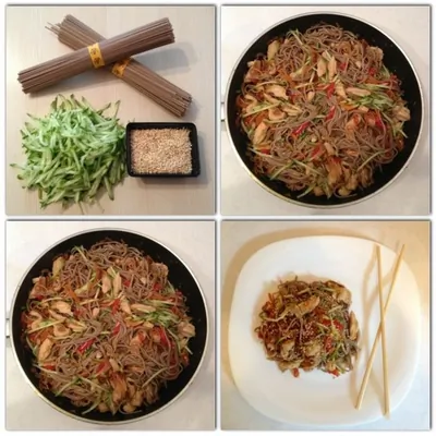 Гречневая лапша по японски с курицей и овощами