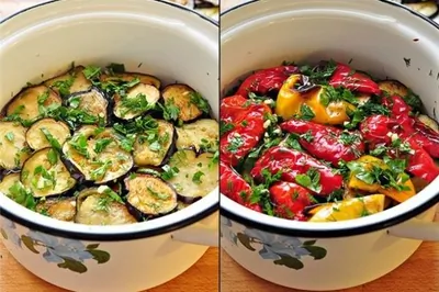 Закуска из маринованных баклажанов и перцев гриль