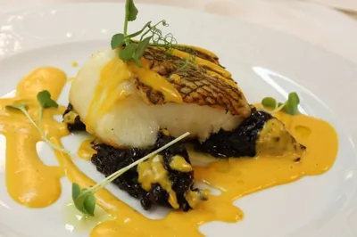 Чилийский сибасс с луковым мармеладом и пряным соусом из батата