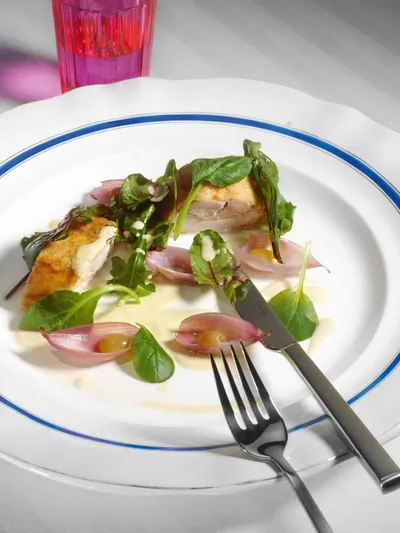 Куриный рулет с маринованным луком и виноградом