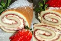 Бисквитный рулет с клубничным вареньем и взбитыми сливками