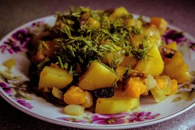 Картофель с тыквой и грибами, запеченные в рукаве (сухоядение)