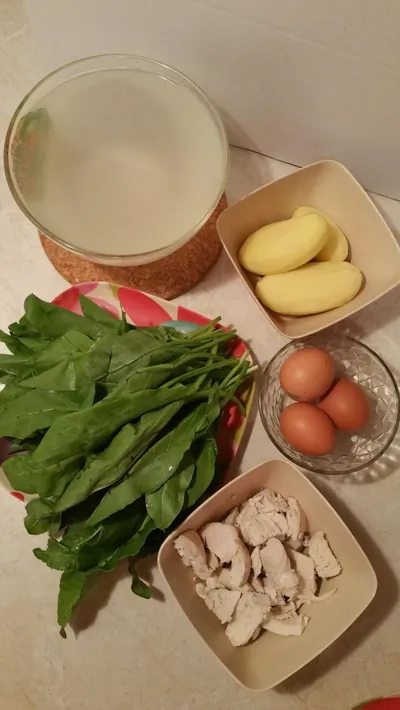 Зеленый борщ с куриной грудкой