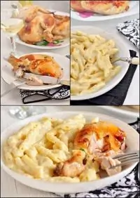 Жареная курица с чесночным соусом и пенне в сырно-сливочном соусе