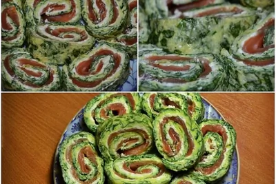 Яичный рулет с лососем и шпинатом