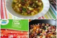 Картофельный суп с зеленым горошком и пряными колбасками