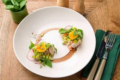 Салат «Оливье» с языком телёнка и хрустящим желтком