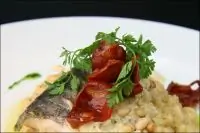 Филе баррамунди с муссом Шардоне и ризотто с чоризо