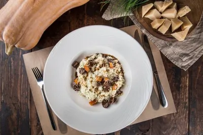 Ризотто с говяжьими щечками и запечённой тыквой