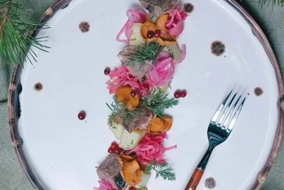 Коми-пермяцкий салат с солониной из лосятины, квашеной капустой, моченой брусникой и толченым картофелем