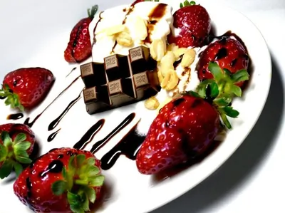 Карамельное мороженое с кусочками шоколада и спелой клубники