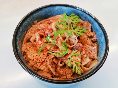 Феттучини ширатаки с печенью