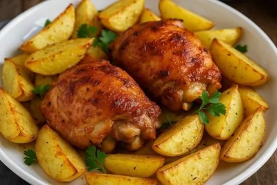 Запеченная картошка с курицей и чесноком «по-деревенски»