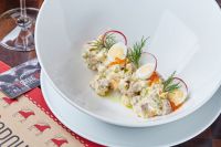 Оливье с говяжьим языком и соусом тоннато